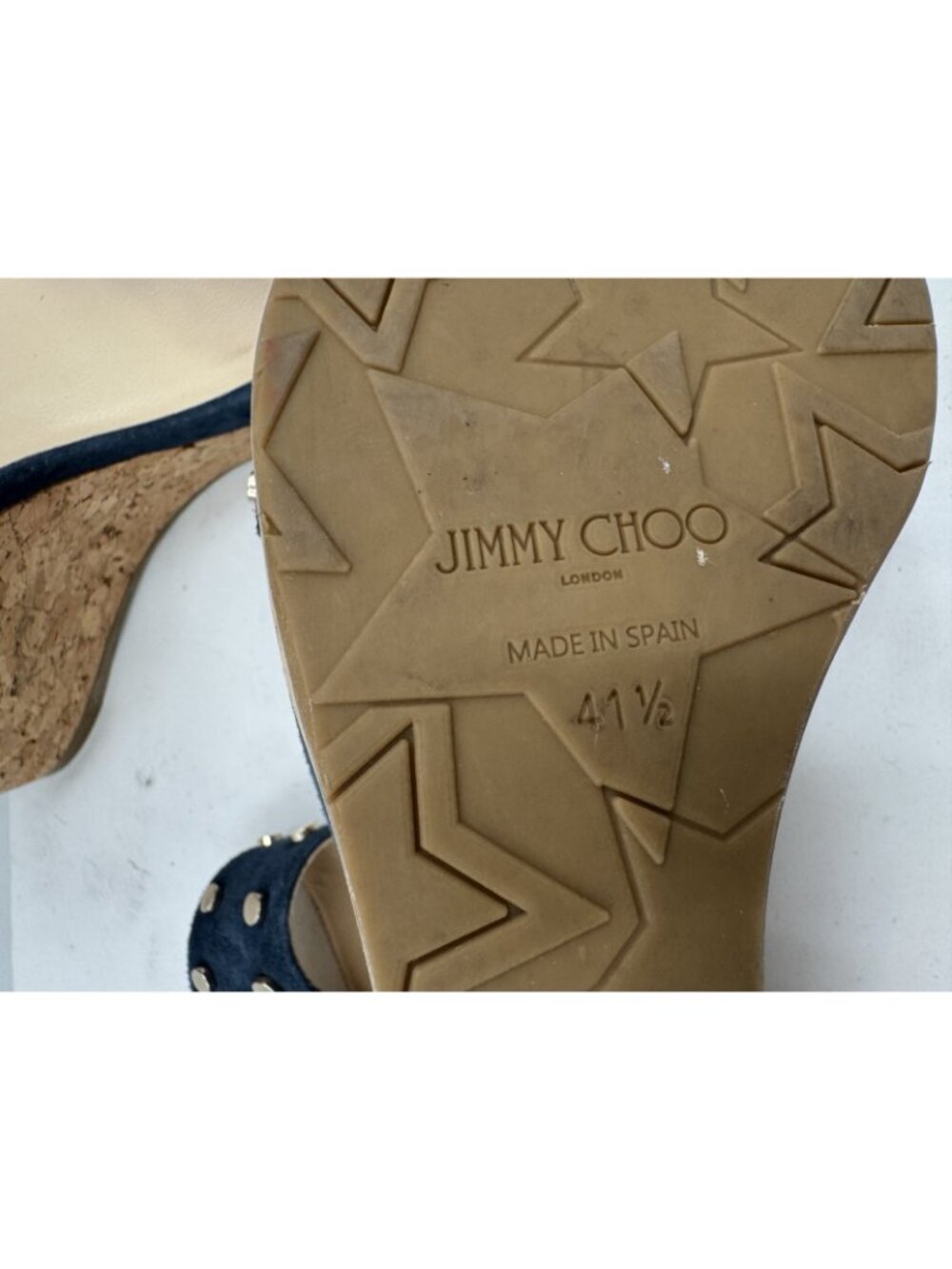 JIMMY CHOO Dark Navy Suede Studded Cork Nelly Wedge Sandals Heels Shoes Sz 41.5 - Picture 7 of 16